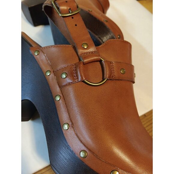 Frye and Co Fabry Womens US 10 Brown Vegan Leather Harness Mules Clogs 4" Heel - Picture 4 of 11